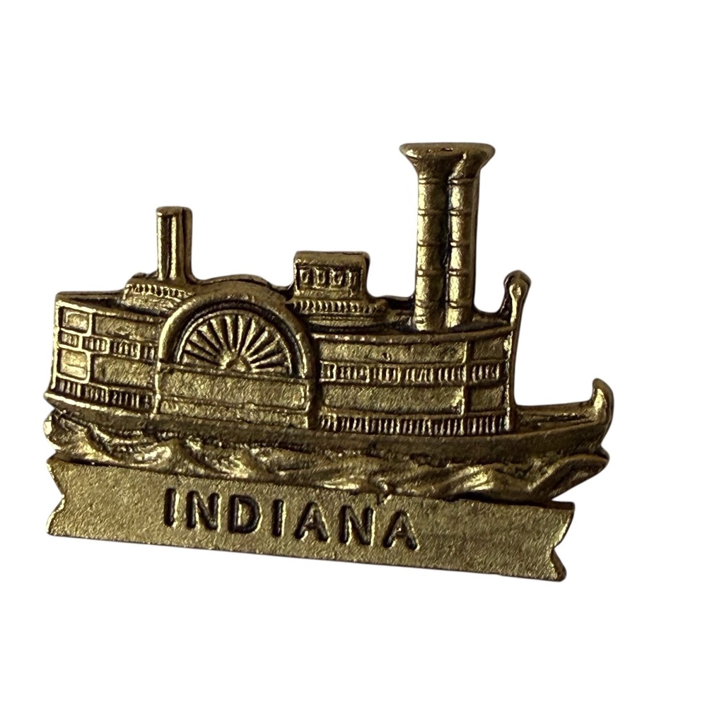 Vintage Indiana Steamboat Lapel Pin Gold Tone Riverboat Souvenir Travel Jewelry